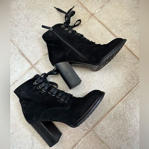 M. GEMI booties size 40 women’s size 9 black suede fur Heeled boots leather - Picture 7 of 9